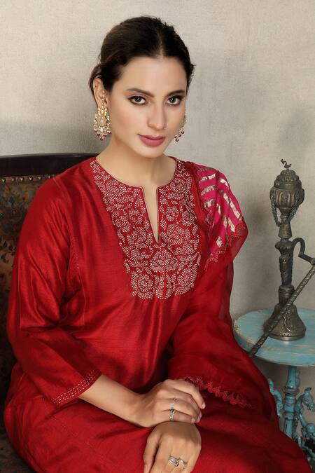 Buy_Falguni.Foram_Red Anarkali And Pant Viscose & Dupatta Organza And Placement Embroidered Set _Online_at_Aza_Fashions