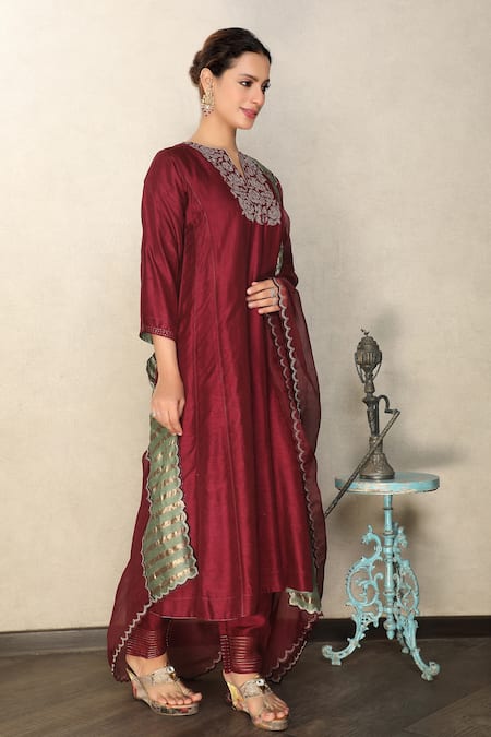 Falguni.Foram_Maroon Anarkali And Pant Viscose & Dupatta Organza Placement Embroidered Set _Online_at_Aza_Fashions