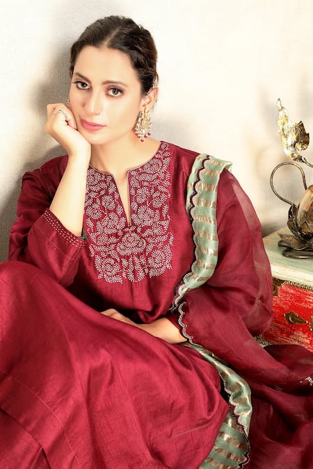 Shop_Falguni.Foram_Maroon Anarkali And Pant Viscose & Dupatta Organza Placement Embroidered Set _Online_at_Aza_Fashions