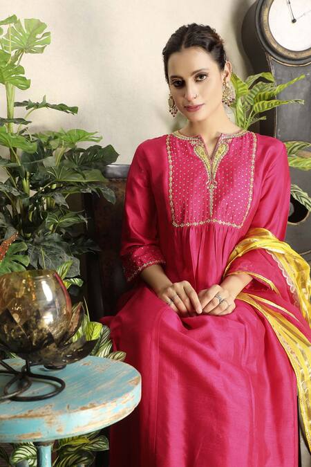 Shop_Falguni.Foram_Pink Kurta And Pants Viscose & Dupatta Organza And Zari Strip Gathered Set _Online_at_Aza_Fashions
