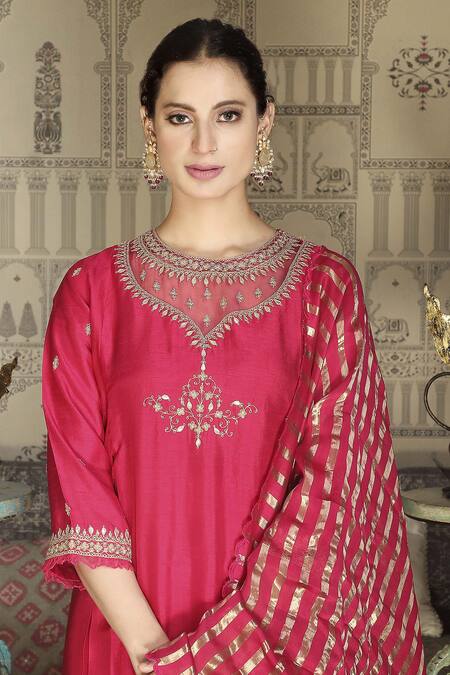 Shop_Falguni.Foram_Pink Kurta And Pant Viscose & Dupatta Organza And Placement Embroidered Set _Online_at_Aza_Fashions