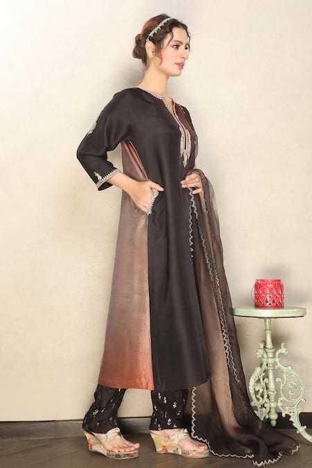 Falguni.Foram Brown Kurta Dupion 4d Shaded, Pant Viscose And Dupatta Organza Set Online at Aza Fashions Falguni.Foram_Brown Kurta Dupion 4d Shaded, Pant Viscose And Dupatta Organza Set _Online_at_Aza_Fashions
