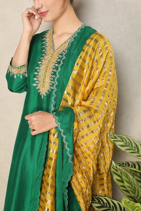 Shop_Falguni.Foram_Green Kurta And Pant Dupion Silk & Dupatta Zari Placement Embroidered Set _Online_at_Aza_Fashions