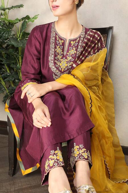 Shop_Falguni.Foram_Purple Kurta And Pant Dupion Silk & Dupatta Zari Stripe Floral Embroidered Set _Online_at_Aza_Fashions
