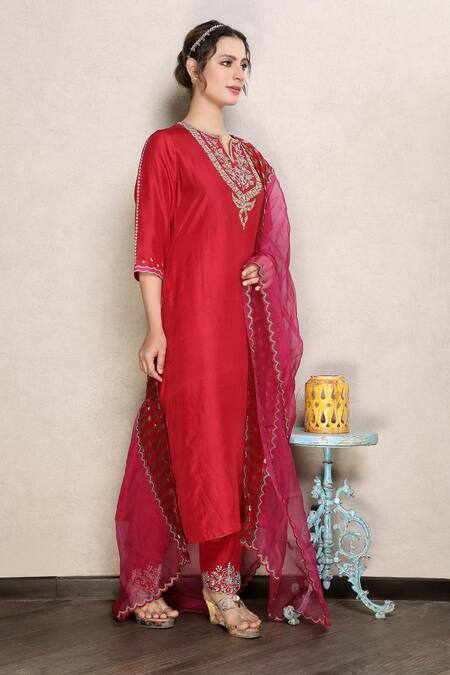 Falguni.Foram_Red Kurta And Pant Dupion Silk & Dupatta Zari Stripe Floral Embroidered Set _Online_at_Aza_Fashions