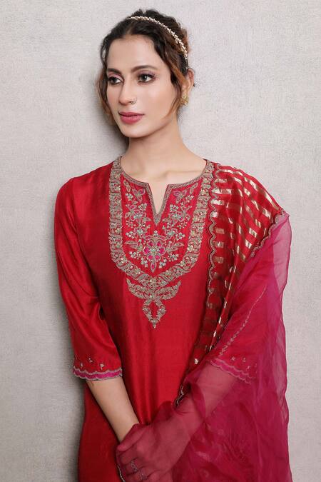 Shop_Falguni.Foram_Red Kurta And Pant Dupion Silk & Dupatta Zari Stripe Floral Embroidered Set _Online_at_Aza_Fashions