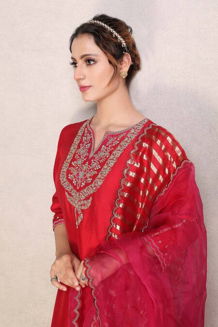 Falguni.Foram_Red Kurta And Pant Dupion Silk & Dupatta Zari Stripe Floral Embroidered Set _at_Aza_Fashions