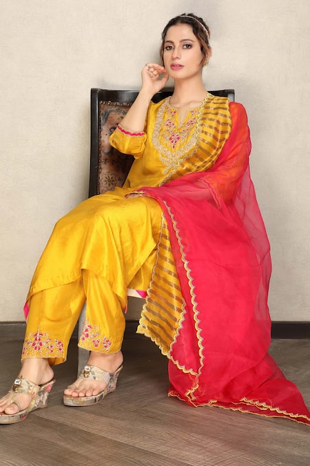Buy_Falguni.Foram_Yellow Kurta And Pant Dupion Silk & Dupatta Zari Stripe Floral Embroidered Set _Online_at_Aza_Fashions