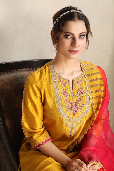 Shop_Falguni.Foram_Yellow Kurta And Pant Dupion Silk & Dupatta Zari Stripe Floral Embroidered Set _Online_at_Aza_Fashions