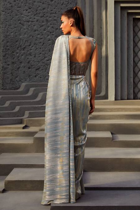 Shop Kaaisha By Shalini Gold Italian Lycra Swarovski, Zardozi Work, 3d Sequins Corset Draped Saree Gown at Aza Fashions Shop_Kaaisha By Shalini_Gold Italian Lycra Swarovski, Zardozi Work, 3d Sequins Corset Draped Saree Gown_at_Aza_Fashions