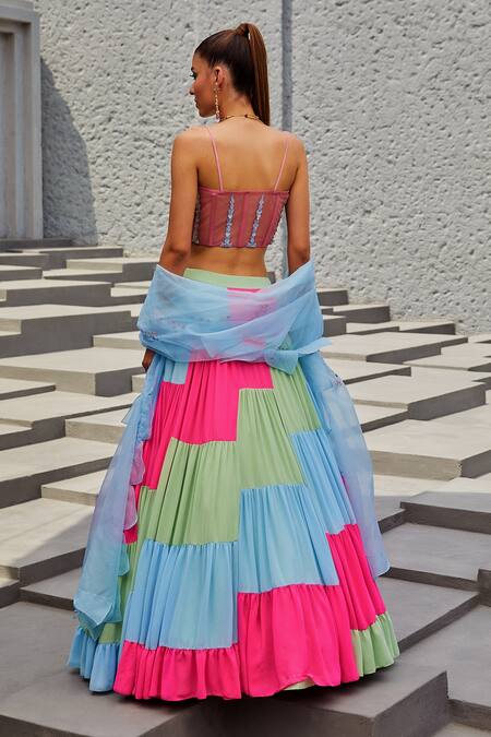 Kaaisha by Shalini_Multi Color Organza Embroidered Cutdana Work Sweetheart Colourblock Lehenga Set _Online_at_Aza_Fashions