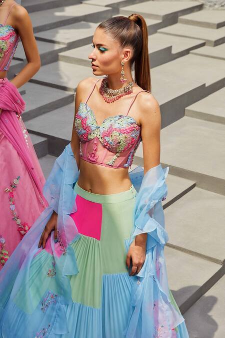 Kaaisha by Shalini_Multi Color Organza Embroidered Cutdana Work Sweetheart Colourblock Lehenga Set _at_Aza_Fashions