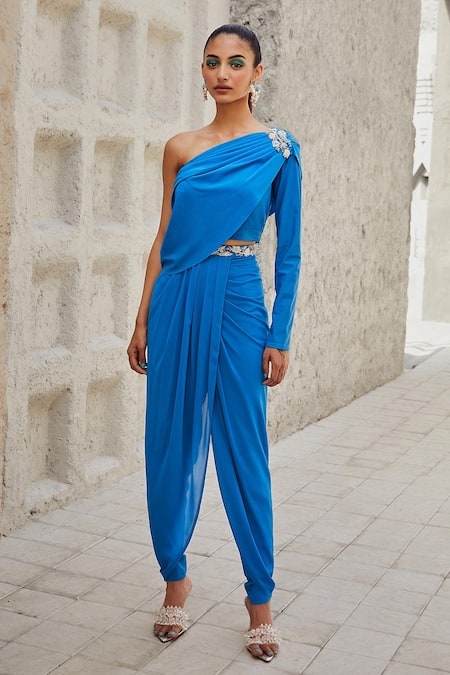 Kaaisha by Shalini Blue Georgette Embroidered Zardozi Work One Shoulder Draped Top And Pant Set
