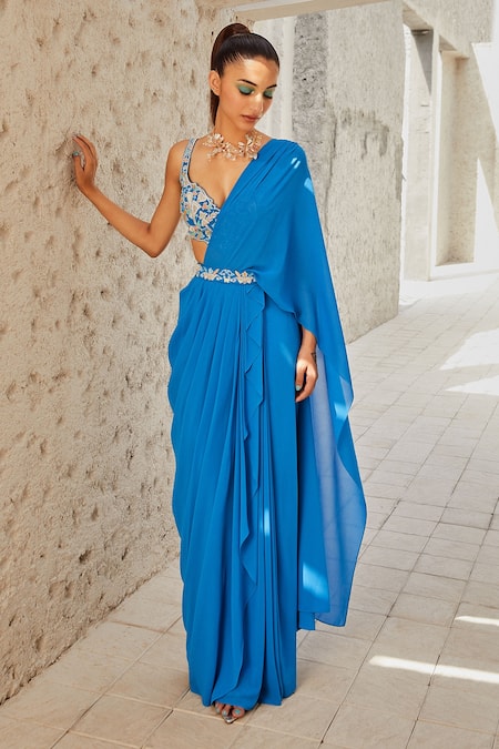 Shop_Kaaisha By Shalini_Blue Sequins, Zardozi Work, Zari Work, Pre-draped Saree With Embroidered Blouse_at_Aza_Fashions