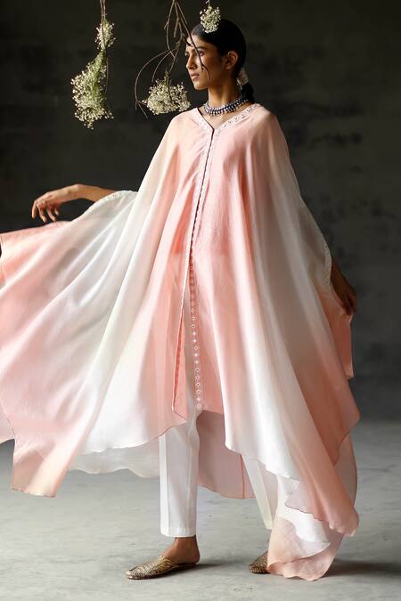 Shop Shikha Mehta Pink Chanderi Silk Mirror Work V Neck Norah Asymmetric Kurta And Pant Set Online at Aza Fashions Shop_Shikha Mehta_Pink Chanderi Silk Mirror Work V Neck Norah Asymmetric Kurta And Pant Set _Online_at_Aza_Fashions