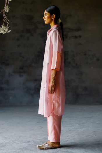Shikha Mehta_Purple Chanderi Silk Floral, Mirrorwork Shirt Collar Yami Tunic And Pant Set_Online_at_Aza_Fashions