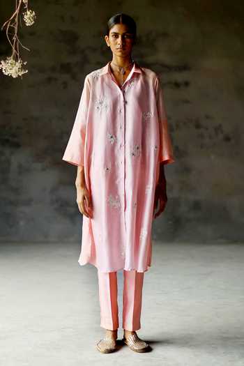 Buy_Shikha Mehta_Purple Chanderi Silk Floral, Mirrorwork Shirt Collar Yami Tunic And Pant Set_Online_at_Aza_Fashions