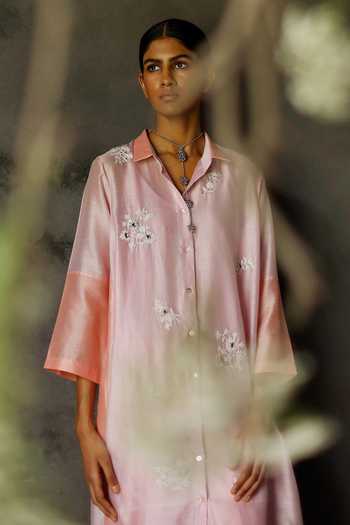Shop_Shikha Mehta_Purple Chanderi Silk Floral, Mirrorwork Shirt Collar Yami Tunic And Pant Set_Online_at_Aza_Fashions