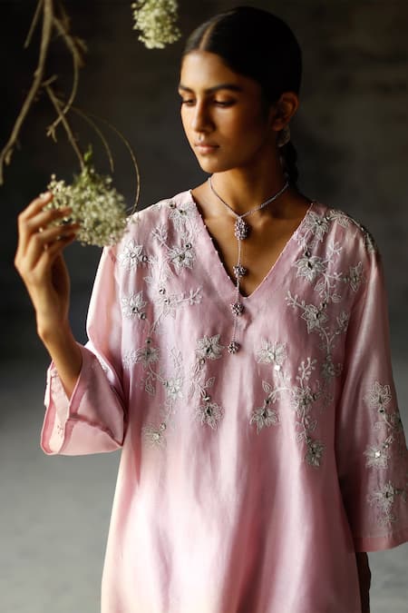 Shikha Mehta Purple Silk Chanderi Floral, Mirrorwork V Neck Zuri Tunic And Pant Set Online at Aza Fashions Shikha Mehta_Purple Silk Chanderi Floral, Mirrorwork V Neck Zuri Tunic And Pant Set _Online_at_Aza_Fashions