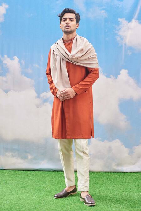 Tisa - Men_Orange Silk Viscose Blend Scallop Full Sleeve Kurta Set_Online_at_Aza_Fashions