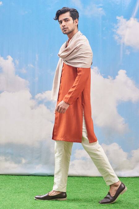 Buy_Tisa - Men_Orange Silk Viscose Blend Scallop Full Sleeve Kurta Set_Online_at_Aza_Fashions