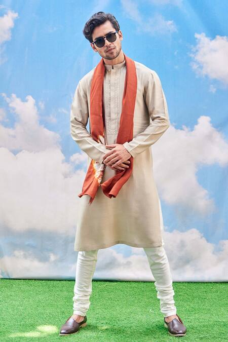 Tisa - Men_Beige Silk Viscose Blend Mandarin Collar Kurta Set_Online_at_Aza_Fashions