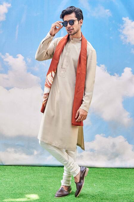 Buy_Tisa - Men_Beige Silk Viscose Blend Mandarin Collar Kurta Set_Online_at_Aza_Fashions