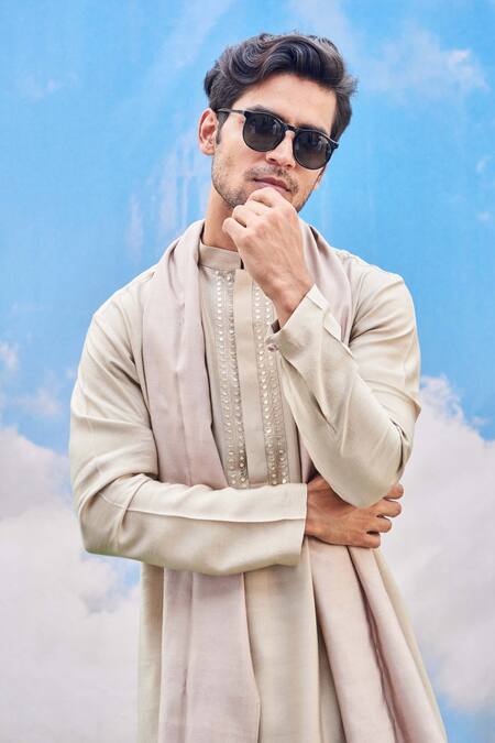 Tisa - Men_Beige Silk Viscose Blend Mandarin Collar Kurta Set_Online_at_Aza_Fashions