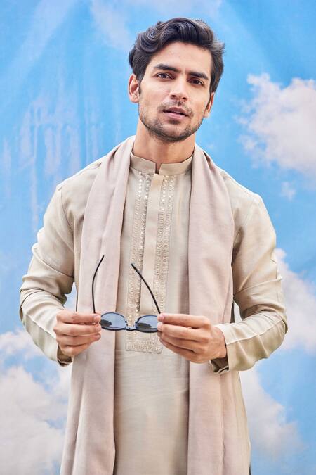 Buy_Tisa - Men_Beige Silk Viscose Blend Mandarin Collar Kurta Set_Online_at_Aza_Fashions