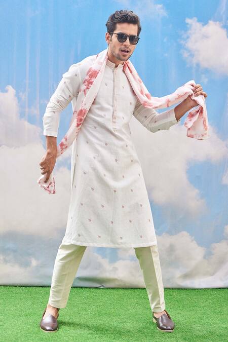 Tisa - Men_Beige Kurta Cotton , Stole And Pant Silk Viscose Embroidered Set_Online_at_Aza_Fashions