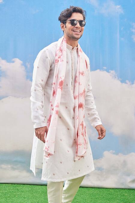 Buy_Tisa - Men_Beige Kurta Cotton , Stole And Pant Silk Viscose Embroidered Set_Online_at_Aza_Fashions