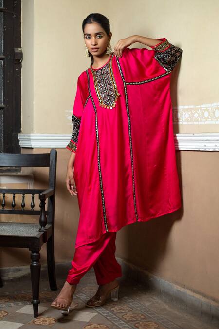Prahnaaya_Pink Satin Ajrakh Round Patchwork Embroidered Kurta Set_Online_at_Aza_Fashions