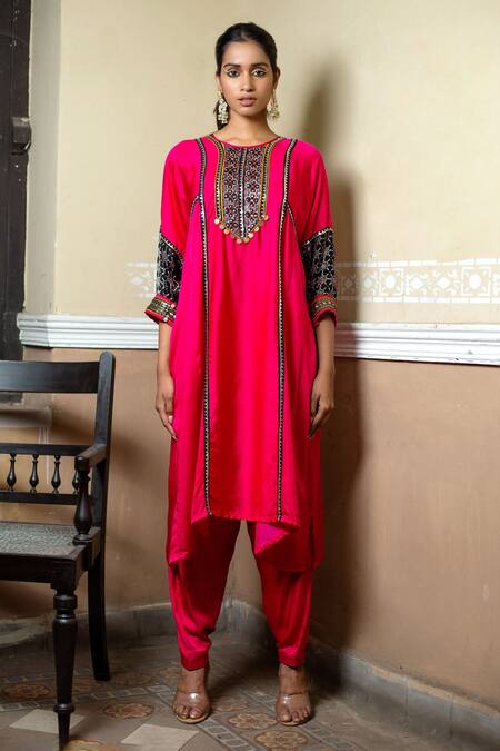Shop_Prahnaaya_Pink Satin Ajrakh Round Patchwork Embroidered Kurta Set_Online_at_Aza_Fashions