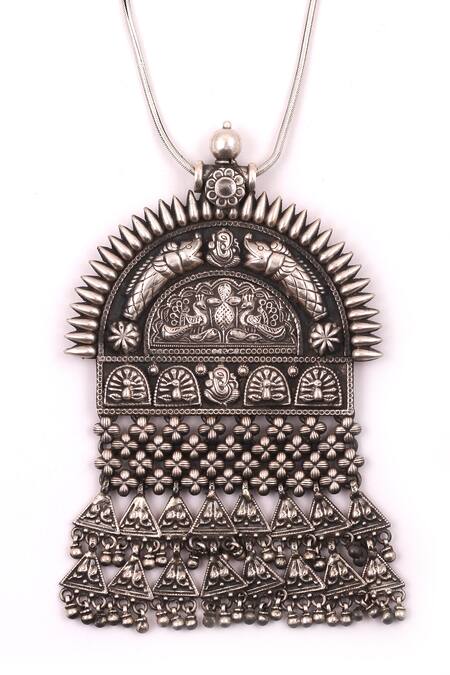 Sangeeta Boochra Silver Plated Temple Carved Pendant Necklace Online at Aza Fashions Sangeeta Boochra_Silver Plated Temple Carved Pendant Necklace _Online_at_Aza_Fashions