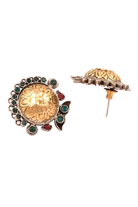 Sangeeta Boochra_Gold Plated Stones Floral Carved Earrings _Online_at_Aza_Fashions