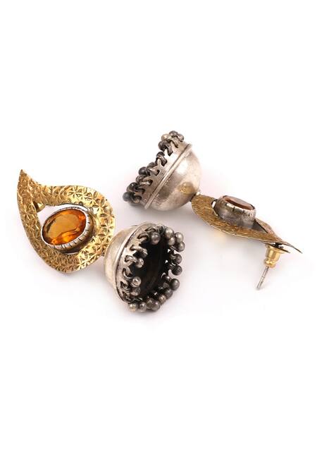 Sangeeta Boochra_Gold Plated Stones Carved Jhumkas _Online_at_Aza_Fashions