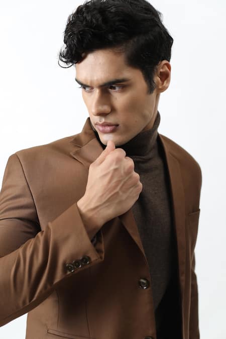 Shop_Kaka Calcutta_Brown Suiting Fabric Notch Collar Sports Blazer _Online_at_Aza_Fashions