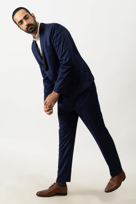 Shop Kaka Calcutta Blue Suiting Fabric Shawl Collar Blazer And Pant Set at Aza Fashions Shop_Kaka Calcutta_Blue Suiting Fabric Shawl Collar Blazer And Pant Set _at_Aza_Fashions