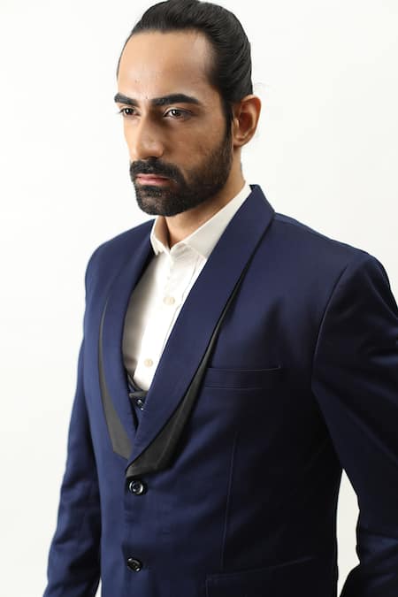 Buy_Kaka Calcutta_Blue Suiting Fabric Shawl Collar Blazer And Pant Set _Online_at_Aza_Fashions
