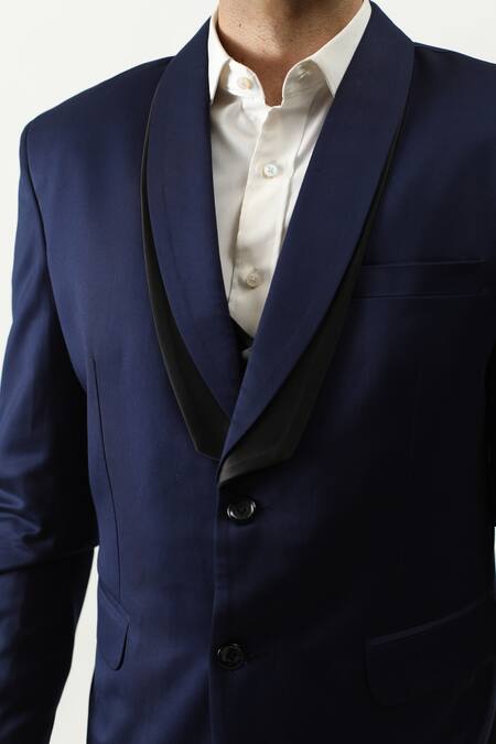 Shop_Kaka Calcutta_Blue Suiting Fabric Shawl Collar Blazer And Pant Set _Online_at_Aza_Fashions