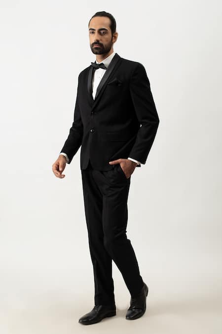 Shop_KAKA CALCUTTA_Black Suiting Fabric Shawl Collar Tuxedo And Pant Set _at_Aza_Fashions