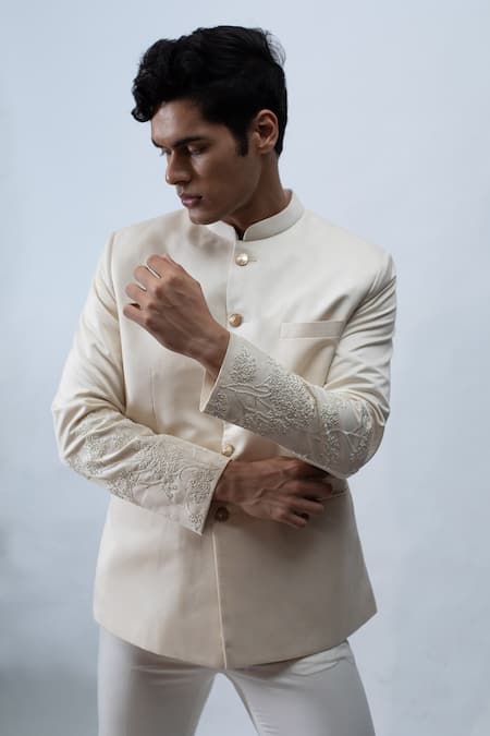 Buy Kaka Calcutta White Suiting Fabric Thread And Beads Mandarin Collar Bandhgala & Trouser Set Online at Aza Fashions Buy_Kaka Calcutta_White Suiting Fabric Thread And Beads Mandarin Collar Bandhgala & Trouser Set _Online_at_Aza_Fashions