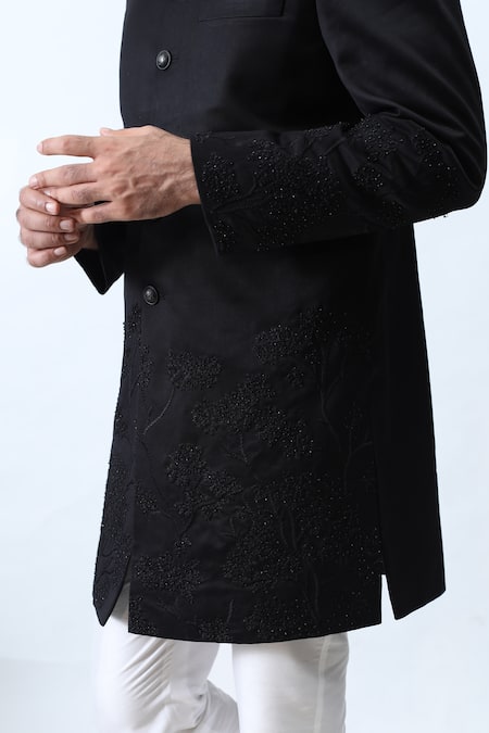 Buy_Kaka Calcutta_Black Suiting Fabric Thread And Beads Embroidered Bandhgala & Trouser Set _Online_at_Aza_Fashions