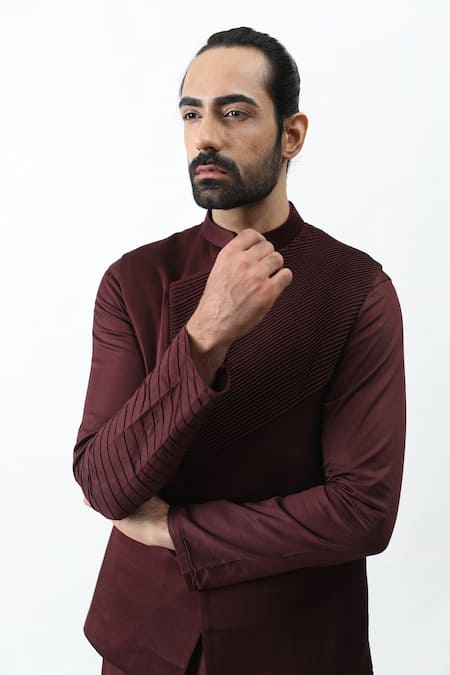 Kaka Calcutta_Purple And Silk, Linen Bundi & Kurta Set _Online_at_Aza_Fashions