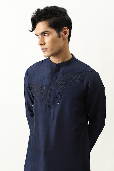 Kaka Calcutta_Blue Bam And Cotton Thread & Placement Embroidered Kurta & Pant Set _Online_at_Aza_Fashions
