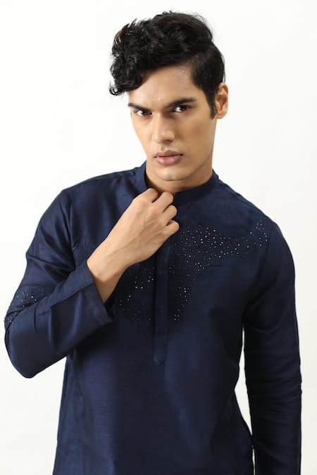 Buy_Kaka Calcutta_Blue Bam And Cotton Thread & Placement Embroidered Kurta & Pant Set _Online_at_Aza_Fashions