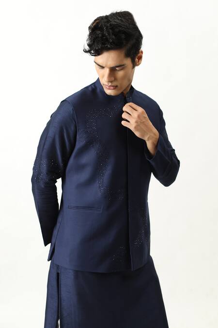 Kaka Calcutta_Blue Bam Silk And Cotton Silk, Suiting Placement Embroidered Bundi & Kurta Set _Online_at_Aza_Fashions