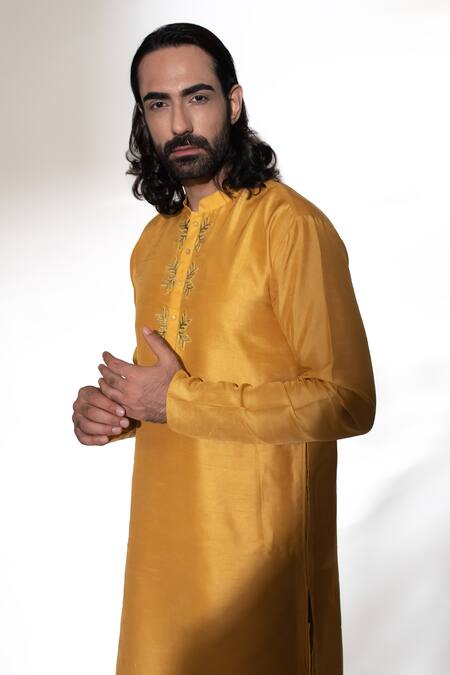 Kaka Calcutta_Yellow Bam And Cotton Applique Work Full Sleeves Kurta & Pant Set _Online_at_Aza_Fashions