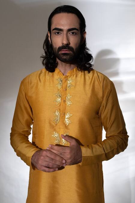 Buy_Kaka Calcutta_Yellow Bam And Cotton Applique Work Full Sleeves Kurta & Pant Set _Online_at_Aza_Fashions