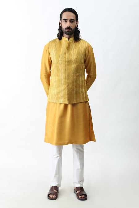 Kaka Calcutta_Yellow Bam And Cotton Applique Work & Embroidered Bundi & Kurta Set _Online_at_Aza_Fashions